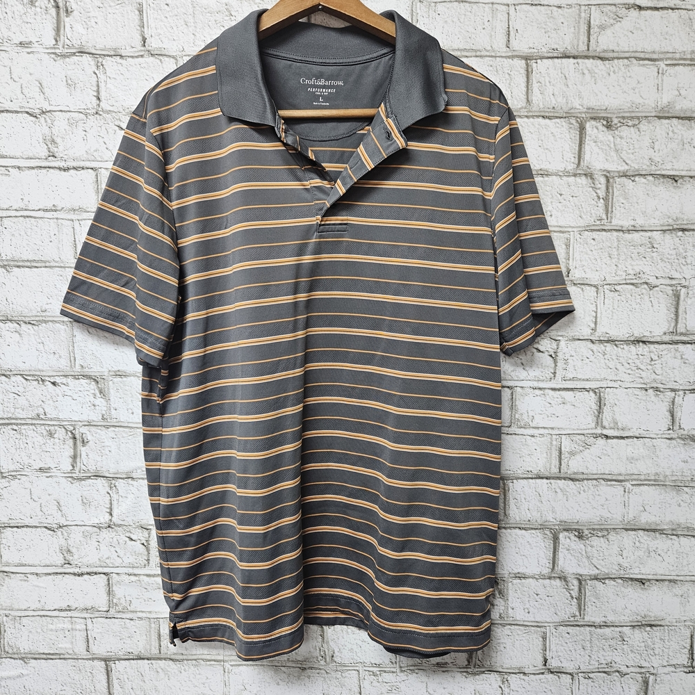 Croft & Barrow Men's Performance Golf Polo Shirt Size L Gray And Orange Striped